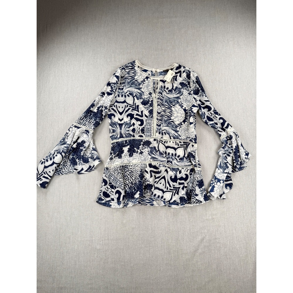 Alberto Makali Cobalt White Floral Print Bell Sleeve Blouse Top L